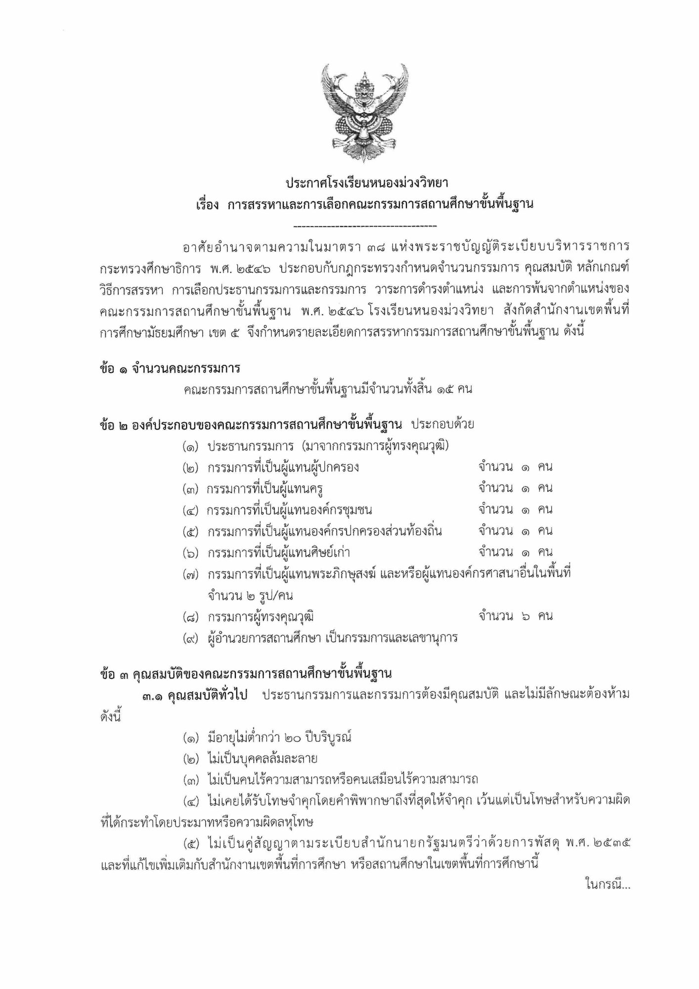 ประกาศโรงเรียนหนองม่วงวิทยา เรื่องการสรรหาและคัดเลือกกรรมการสถานศึกษาขั้นพื้นฐาน