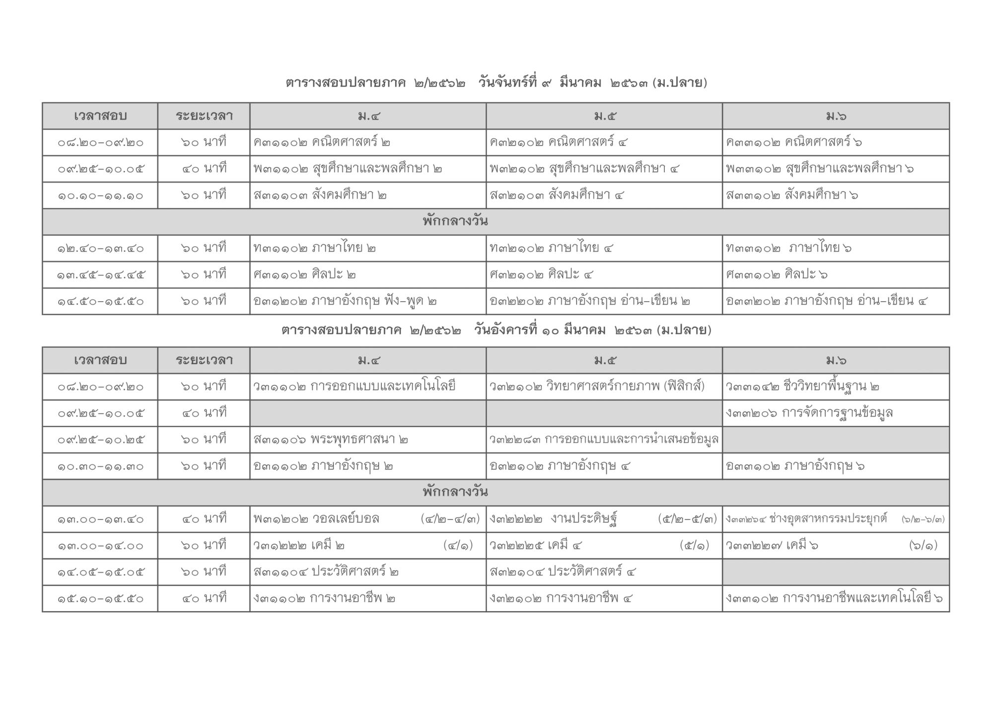 ตารางสอบปลายภาค 2/2562 โรงเรียนหนองม่วงวิทยา