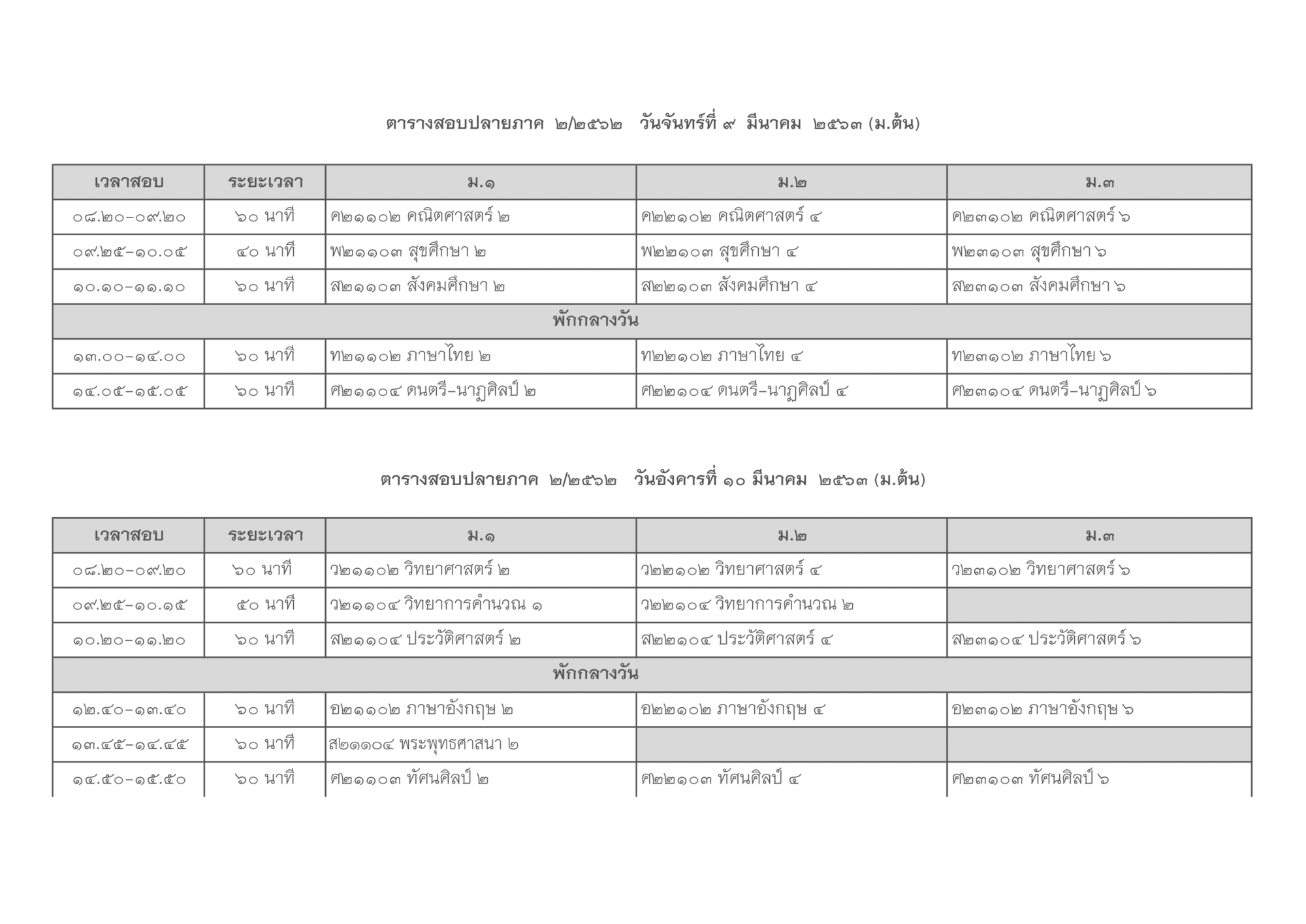 ตารางสอบปลายภาค 2/2562 โรงเรียนหนองม่วงวิทยา