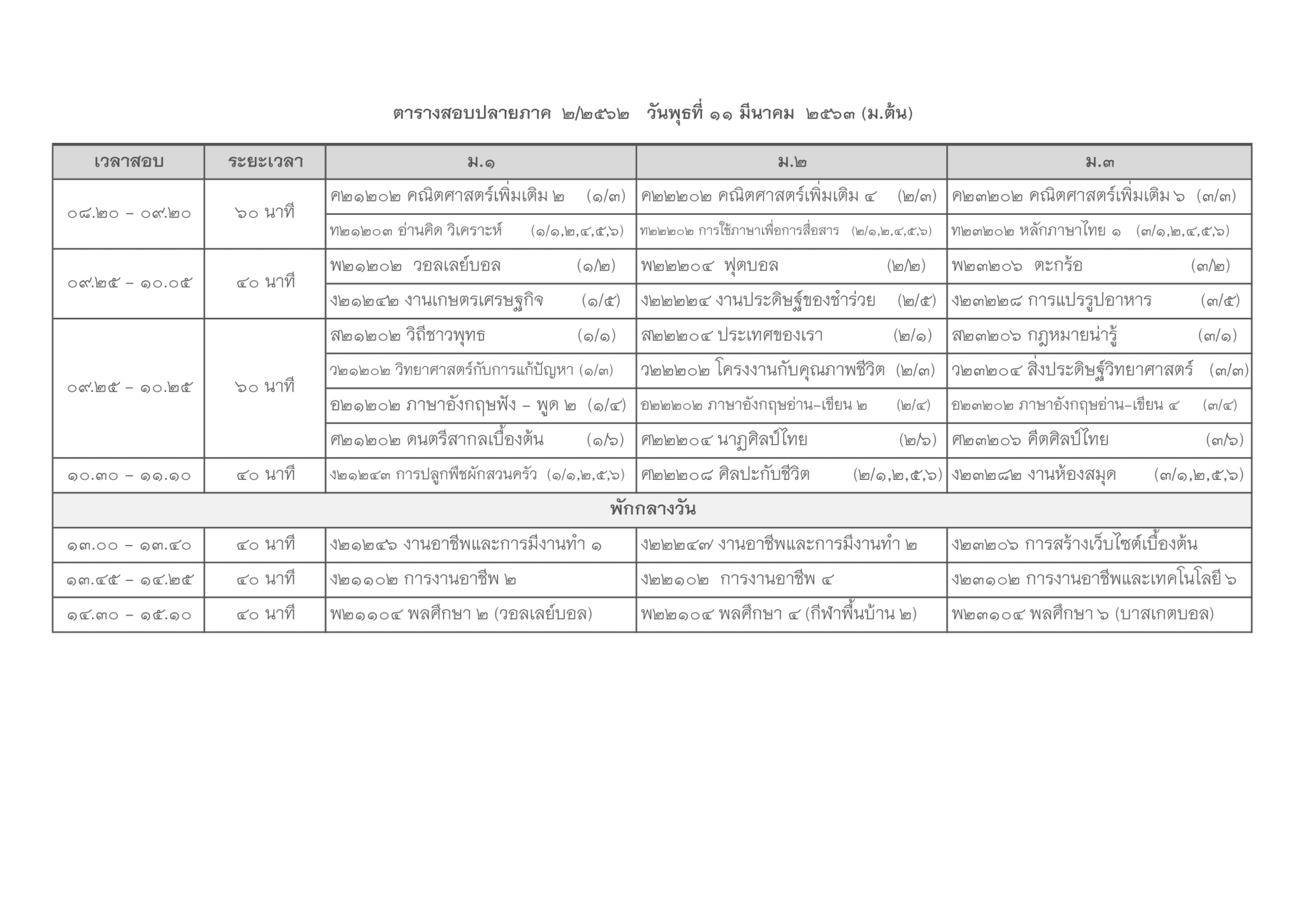 ตารางสอบปลายภาค 2/2562 โรงเรียนหนองม่วงวิทยา