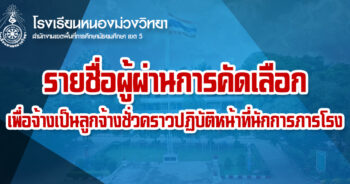 ประกาศโรงเรียนหนองม่วงวิทยา เรื่อง รายชื่อผู้ผ่านการคัดเลือกเพื่อจ้างเป็นลูกจ้างชั่วคราว ปฏิบัติหน้าที่นักการภารโรง