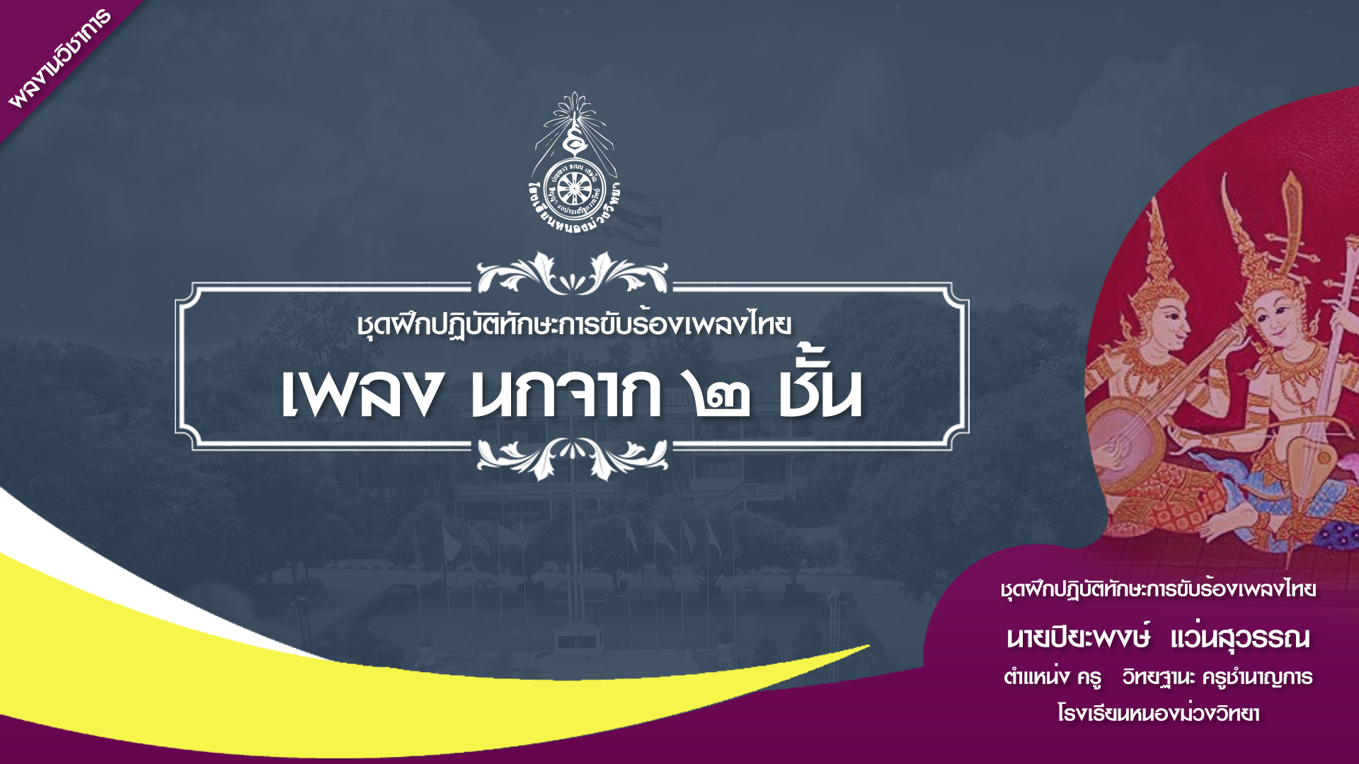 ชุดฝึกปฏิบัติทักษะการขับร้องเพลงไทย เพลงนกจาก ๒ ชั้น รายวิชา คีตศิลป์ไทย ระดับชั้นมัธยมศึกษาปีที่ ๓ โดย นายปิยะพงษ์ แว่นสุวรรณ ตำแหน่ง ครู วิทยฐานะ ครูชำนาญการ โรงเรียนหนองม่วงวิทยา