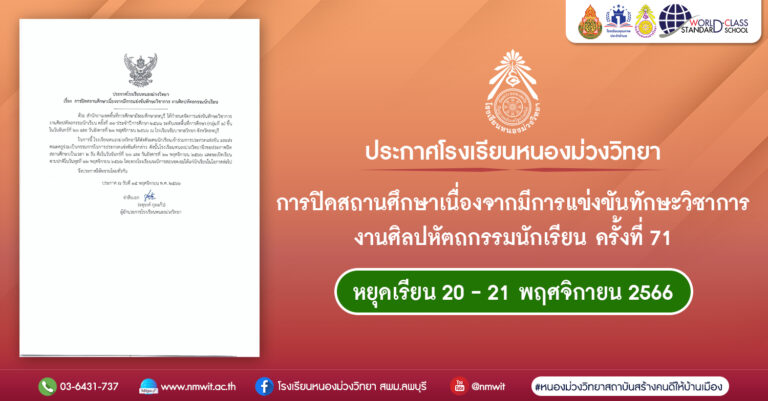 โรงเรียนหนองม่วงวิทยาได้ส่งตัวแทนนักเรียนเข้าร่วมการประกวดแข่งขัน และส่งคณะครูร่วมเป็นกรรมการในการประกวดแช่งขันดังกล่าว ดังนั้นโรงเรียนหนองม่วงวิทยาจึงขอประกาศปิดสถานศึกษาเป็นเวลา ๒ วัน คือในวันจันทร์ที่ ๒๐ และ วันอังคารที่ ๒๑ พฤศจิกายน ๒๕๖๖ และจะเปิดเรียนตามปกติในวันพุธที่ ๒๒ พฤศจิกายน ๒๕๖๖