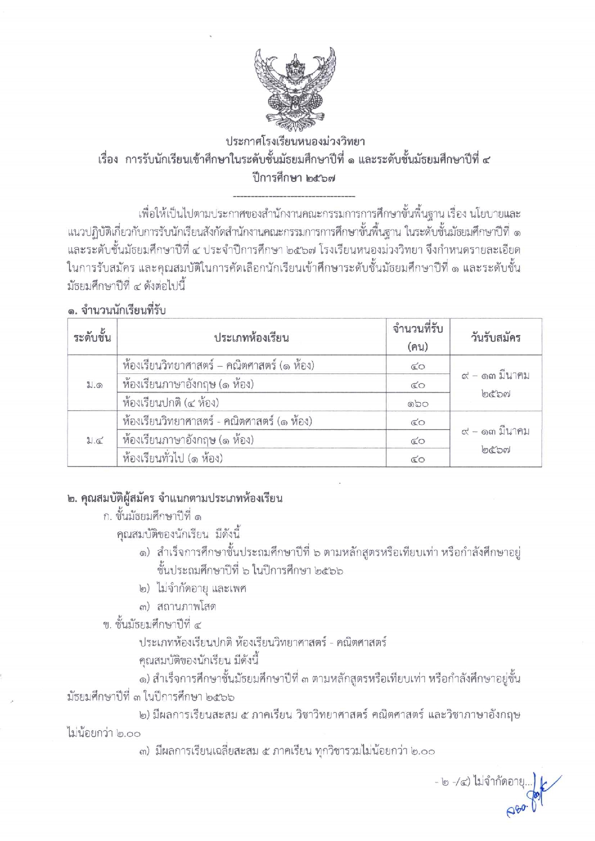 โรงเรียนหนองม่วงวิทยา รับสมัครนักเรียน ระดับชั้นม.1 และ ม.4 ปีการศึกษา 2567 “เรารักม่วง-เหลือง”