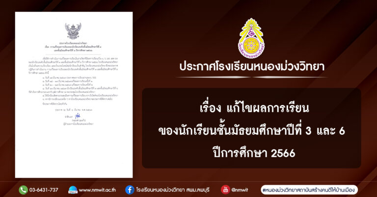 ประกาศโรงเรียนหนองม่วงวิทยา เรื่อง การแก้ไขผลการเรียนของนักเรียนระดับชั้นมัธยมศึกษาปีที่ 3 และชั้นมัธยมศึกษาปีที่ 6 ปีการศึกษา 2566