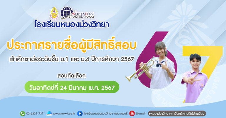 ประกาศโรงเรียนหนองม่วงวิทยา เรื่อง ประกาศรายชื่อนักเรียนที่มีสิทธิ์สอบเข้าศึกษาต่อ ประจำปีการศึกษา 2566 นักเรียนชั้นมัธยมศึกษาปีที่ 1 และ 4