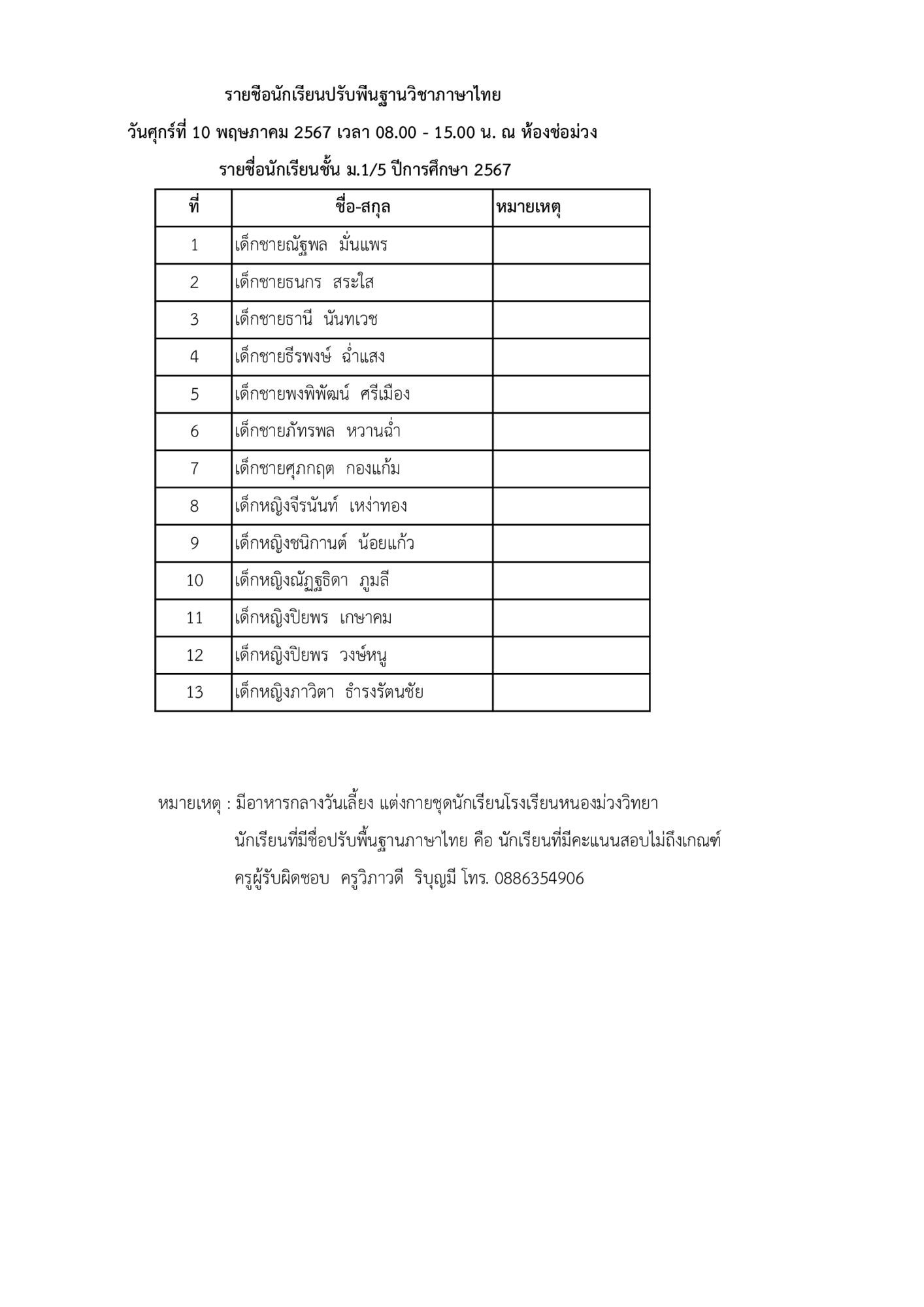 กิจกรรมปรับพื้นฐาน นักเรียนชั้นมัธยมศึกษาปีที่ 1 และ 4 ปีการศึกษา 2567 โรงเรียนหนองม่วงวิทยา