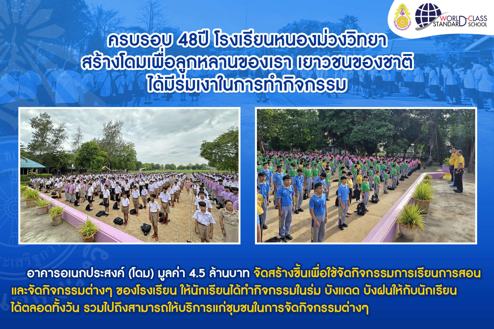 โรงเรียนหนองม่วงววิทยา ขอขอบพระคุณทุกท่านที่สนับสนุน บริจาคทุนทรัพย์สมทบทุนสร้างอาคารอเนกประสงค์(โดม) ขนาด 30x56 เมตร งบประมาณในการก่อสร้าง 4.5 ล้านบาท บริเวณ ลานอเนกประสงค์หน้าเสาธง โรงเรียนหนองม่วงวิทยา เพื่อใช้ทำกิจกรรมของนักเรียน