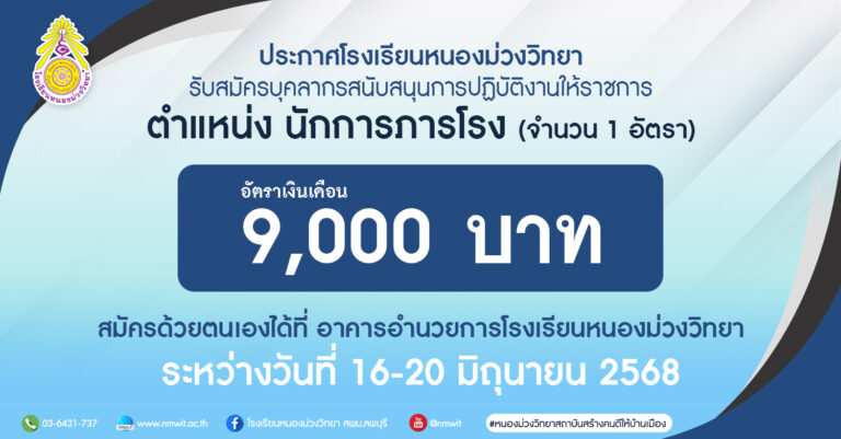 ประกาศโรงเรียนหนองม่วงวิทยา รับสมัครบุคลากรสนับสนุนการปฏิบัติงานให้ราชการ ตำแหน่ง นักการภารโรง จำนวน 1 อัตรา