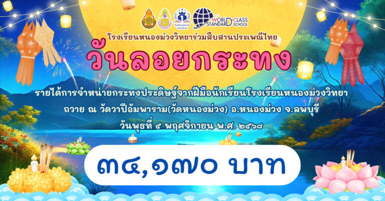 รายได้การจำหน่ายกระทงประดิษฐ์จากฝีมือนักเรียนโรงเรียนหนองม่วงวิทยา ถวาย ณ วัดวาปีอัมพาราม(วัดหนองม่วง) ประจำปี 2568